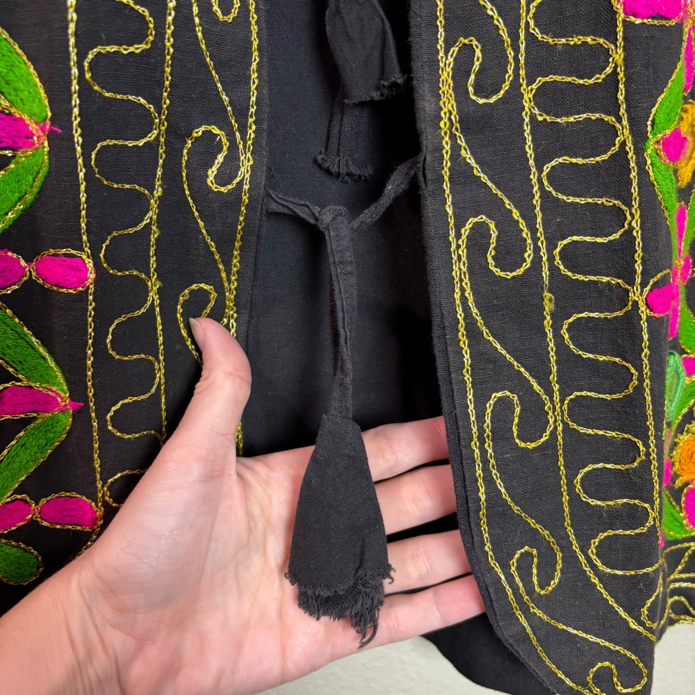 y2k Black Embroidered Mirror Vest Women's 2X Boho Festival Mirrorwork Tassel Tie - Picture 7 of 9